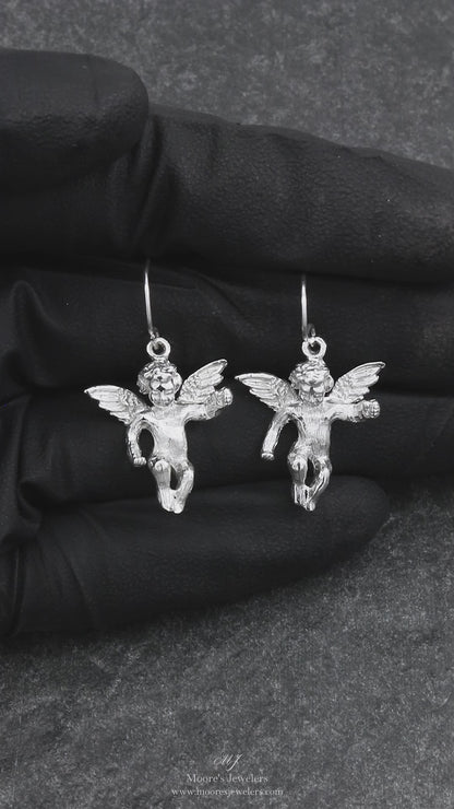925 Sterling Silver Cherub Angel Earrings w/ French Wire Hooks