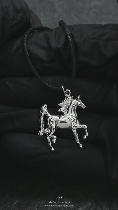 925 Sterling Silver Trotting Horse Necklace w/ Adjustable 20"-22" Black Cord