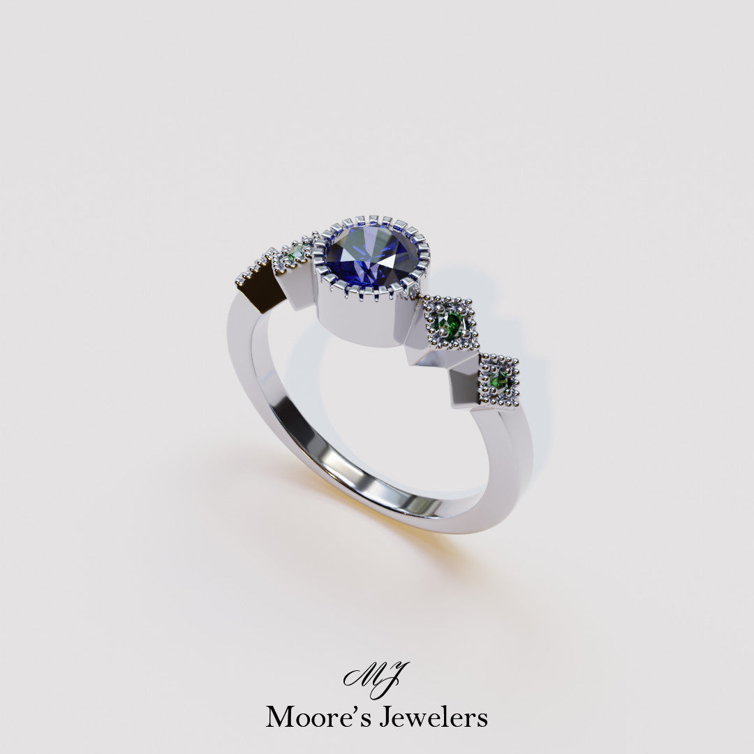 14k White Gold Sapphire and Emerald Ring