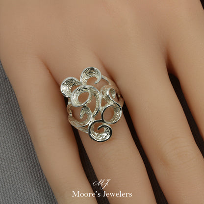925 Sterling Silver Textured Scroll Free Form Ring