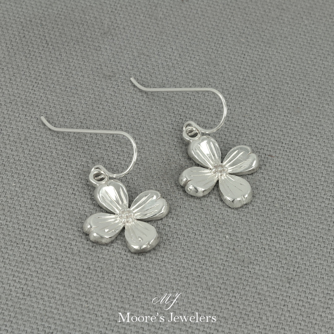 925 Sterling Silver Dogwood Flower Earrings w/ French Wire Hooks