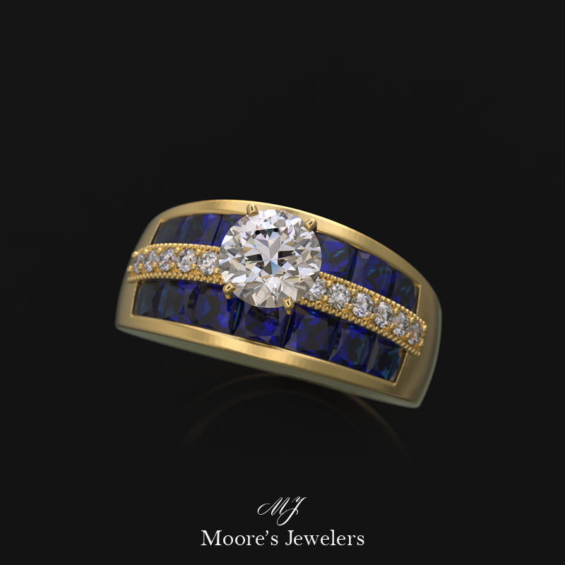 14k Yellow Gold Diamond and Sapphire Solitare Ring
