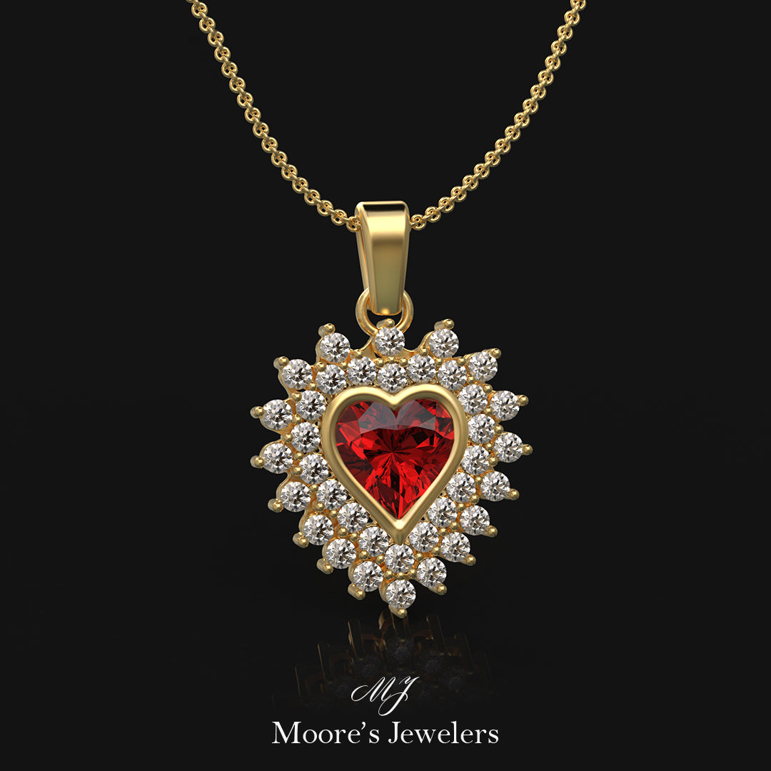 14k Yellow Gold Ruby and Diamond Heart Necklace