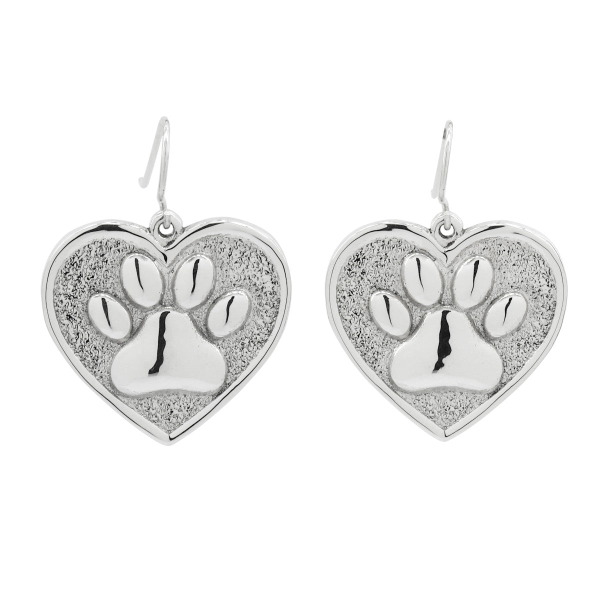 925 Sterling Silver Cat or Dog Paw Print Heart Earrings w/ French Wire Hooks