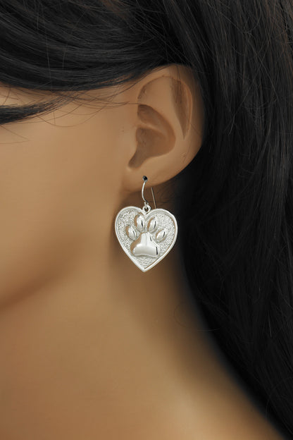 925 Sterling Silver Cat or Dog Paw Print Heart Earrings w/ French Wire Hooks